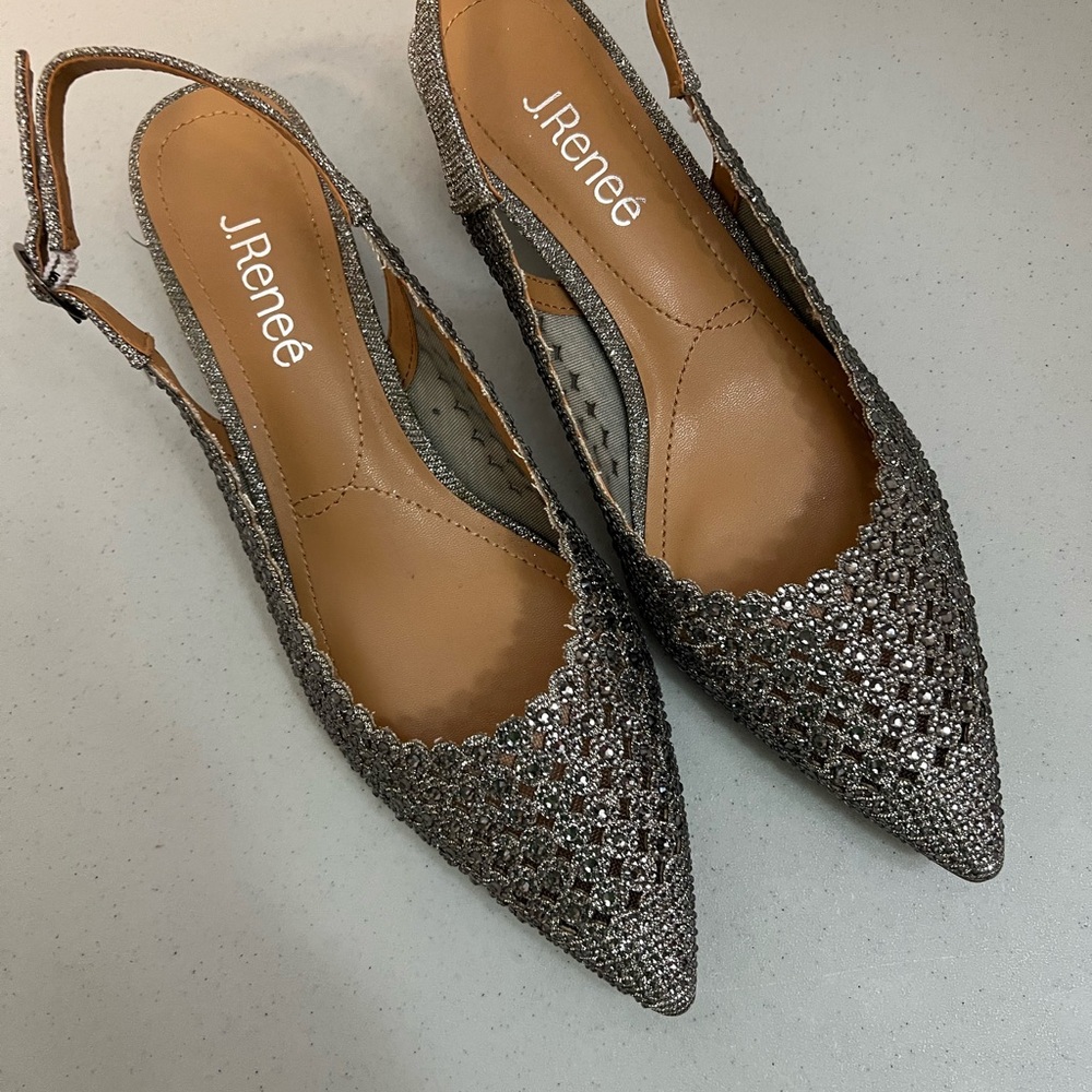 J Renee Gun Metal Silver Square Kitten Heel Sling Back Shoes Sz 8.5